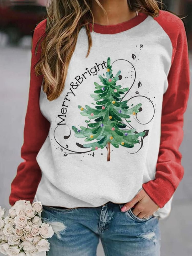 VChics Merry And Bright Christmas Tree Print Sweatshirt