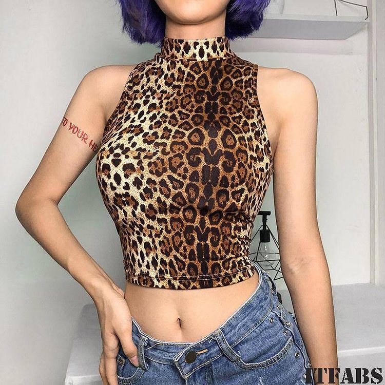New Leopard Tank Sexy Women High Collar Leopard Camis Clubwear Turtleneck Crop Tops Casual Vest Sleeveless Leotard Shirts