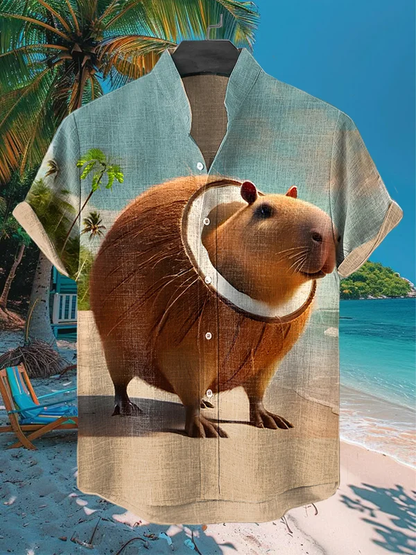 Men's Capybara Coconut Funny Print Short Sleeve Shirt