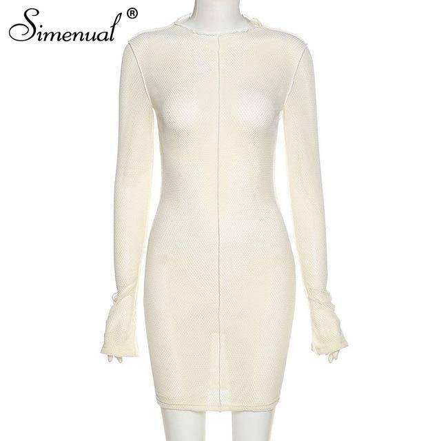 Simenual Mesh Skinny Women Mini Dresses Spring Fashion Clubwear Bodycon Solid Hollow Out Party Dress Sexy Birthday Clothing