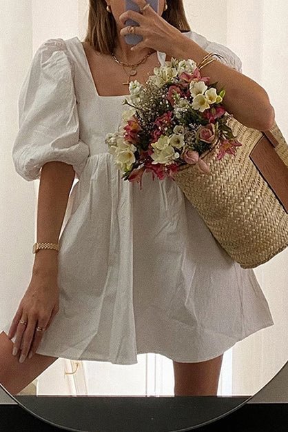 White Backless Square Neck Short Dress - BlackFridayBuys