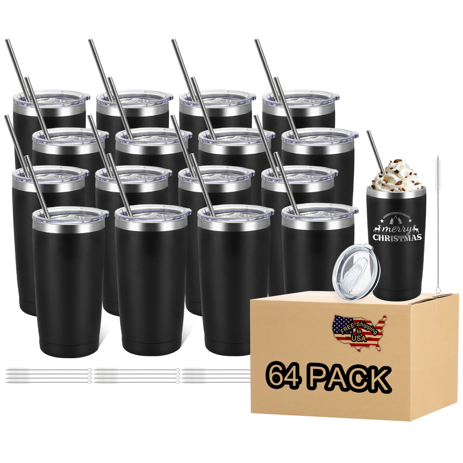 64 Pack Insulated Coffee Tumblers - 20oz Black Stainless Steel Double Wall  Vacuum Travel Cups with Lid and Straw, Powder Coated for Laser Engraving  and DIY Gifts 299.00