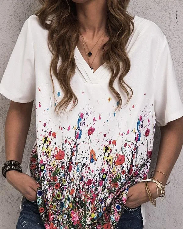 Floral-Print Cotton-Blend Casual V Neck Shirts & Tops