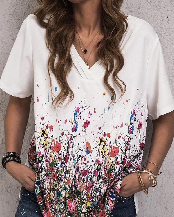 Floral-Print Cotton-Blend Casual V Neck Shirts & Tops