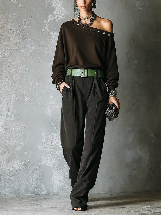 Women's Casual Dark Brown Sweatshirt Elastic Waist Pants Set(Belt Not Included) MD