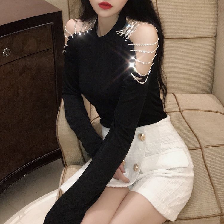 Black/Grey Off-Shoulder Long Sleeves T-Shirt SP13343