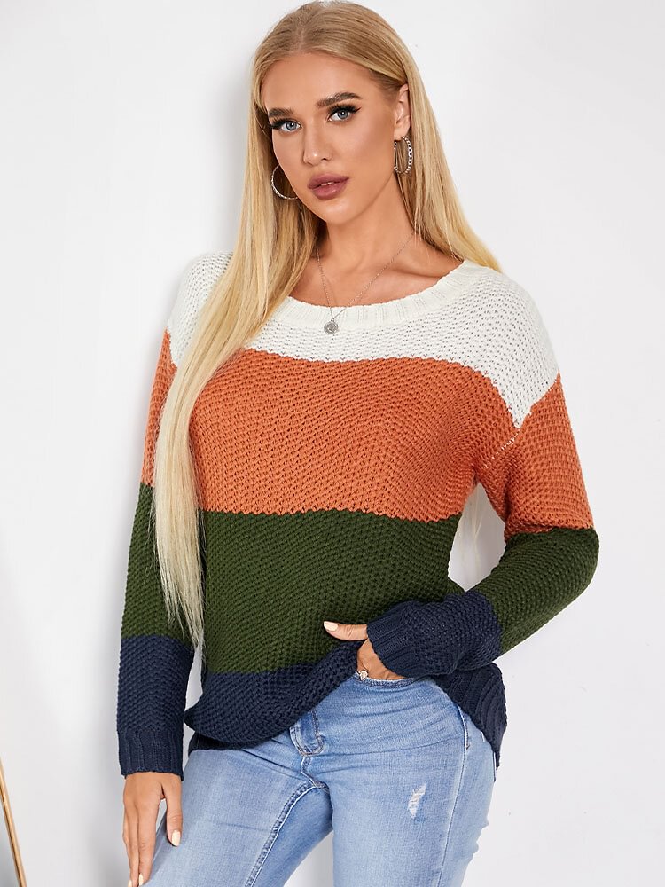 Contrast Color Crew Neck Long Sleeve Women Knit Sweater