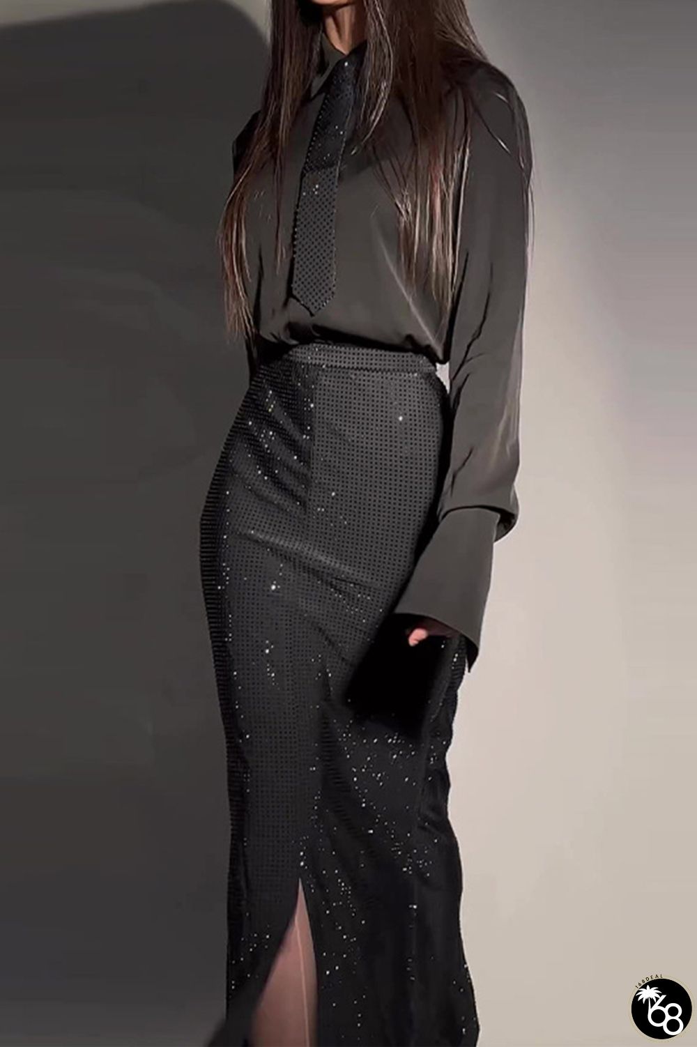 Celebrities Elegant Solid Hot Drill Turndown Collar Long Sleeve Two Pieces | 168DEAL