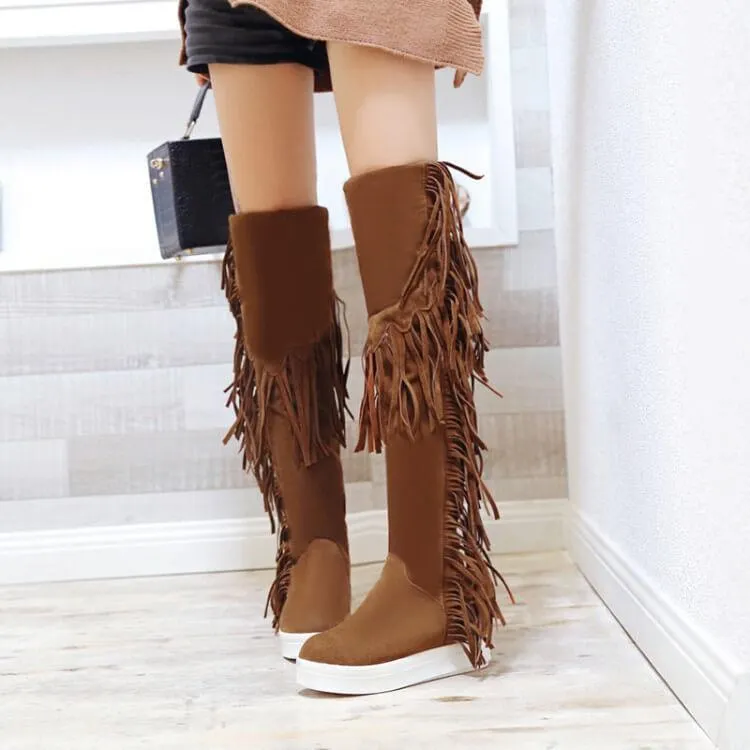 VCSHOES Flat Fringe Suede Knee High Boots