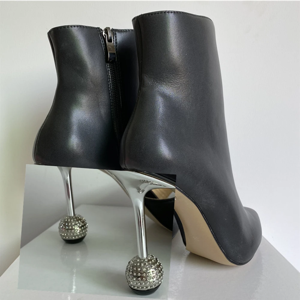 TAAFO Rhinestone Diamond High Heel Ankle Boots Women Pointed Toe Side Zip Leather Modern Booties