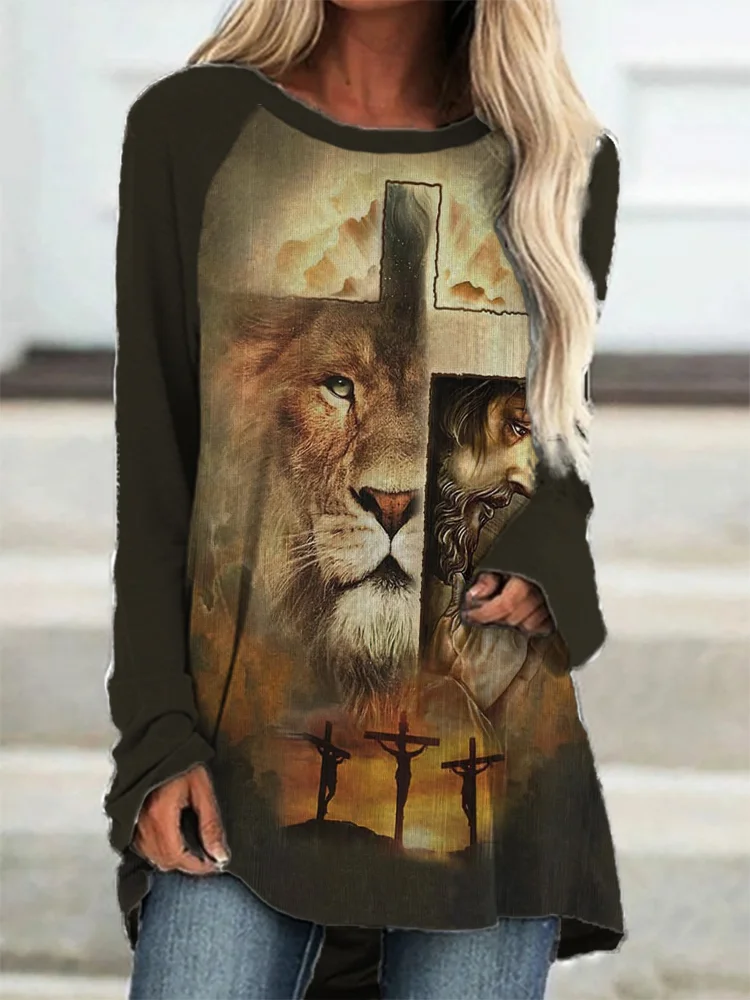 Faith Jesus And Lion Head Long Sleeve Casual T Shirt