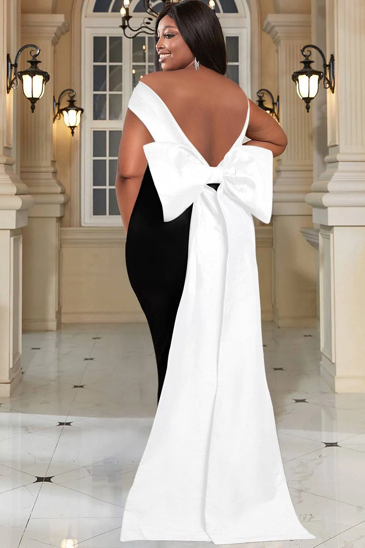 Plus Size Formal Dress Black Off The Shoulder Bow Tie Patchwork Maxi Dress [Pre-Order]