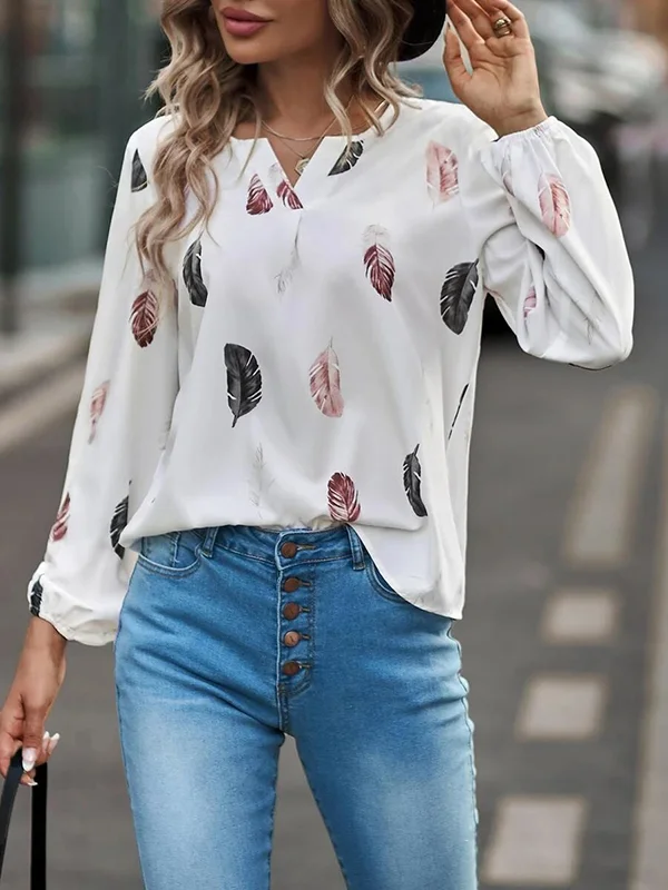 Long Sleeves Roomy Stamped V-Neck Blouses&Shirts Tops