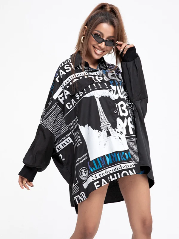 Minimalist Batwing Sleeves High-Low Contrast Color Blouse