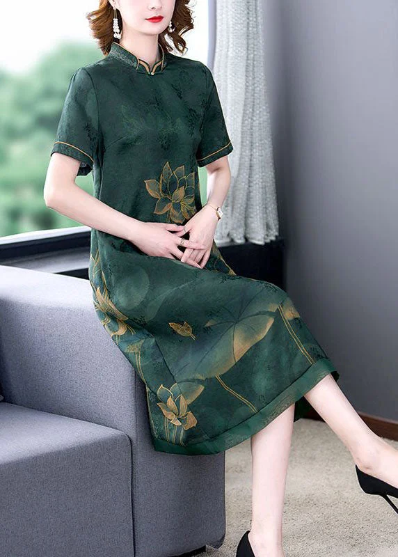 Green Lotus Print Silk A Line Dress Stand Collar Summer