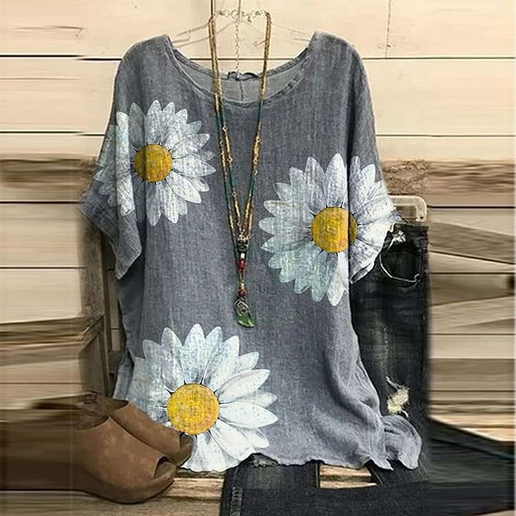 Loose Sunflower Print Crew Neck T-Shirt