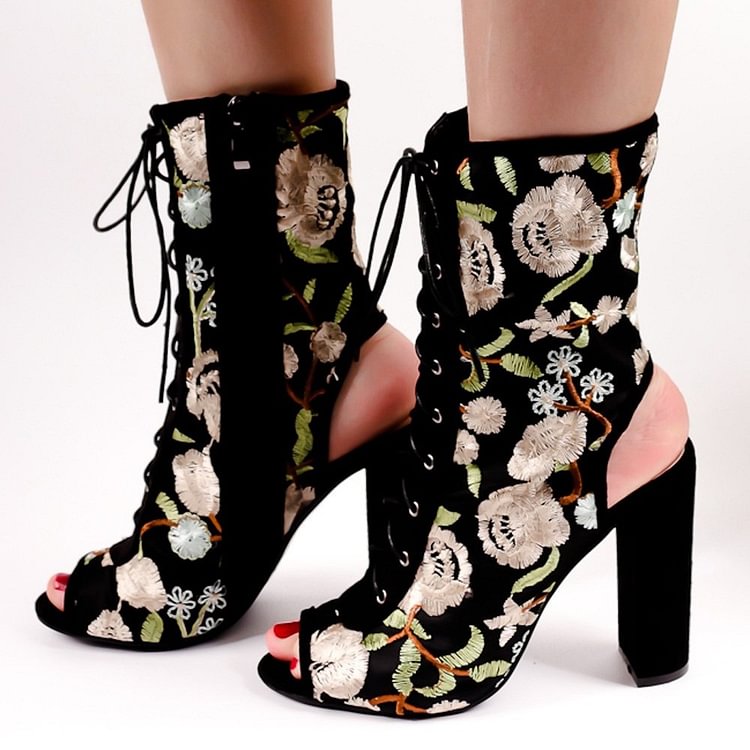 Floral Lace up Boots Slingback Chunky Heel Ankle Boots for Women |FSJ Shoes