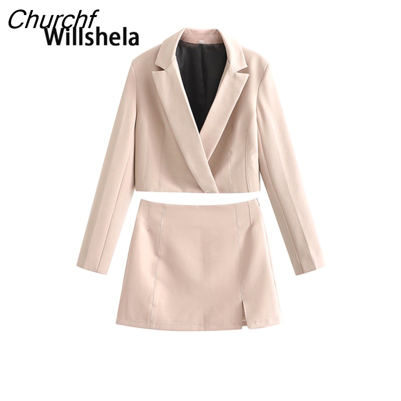 Two-Piece Set with Cropped Blazer and Mini Skirt - Beige main image 1