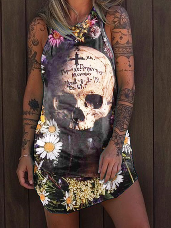 Punk skull print casual sleeveless dress