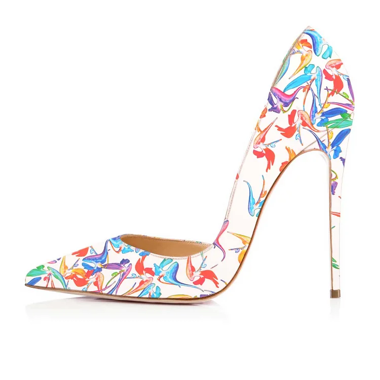 White Floral Print Pointy Toe D'orsay Stiletto Heels Pumps Vdcoo