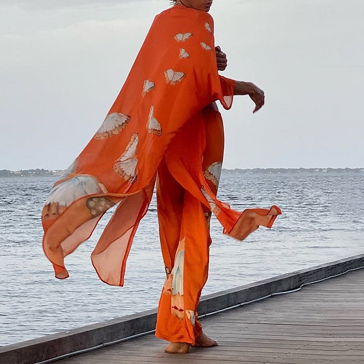 VChics Butterfly Printed Swing Kimono & Pants Two-piece Set