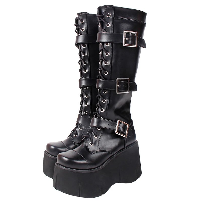 VCshoes Women Motorcycle Cool Punk Boots Lady Lolita Wedges Shoes Woman Gothic High Heels Pumps 3 Straps 10cm