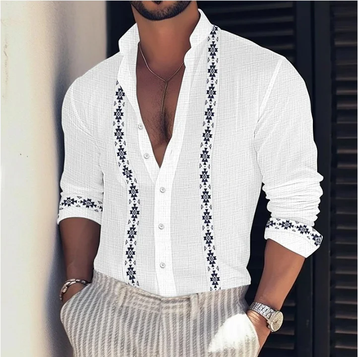 Men's Boho Geo Pattern Stand Collar Long Sleve Shirt