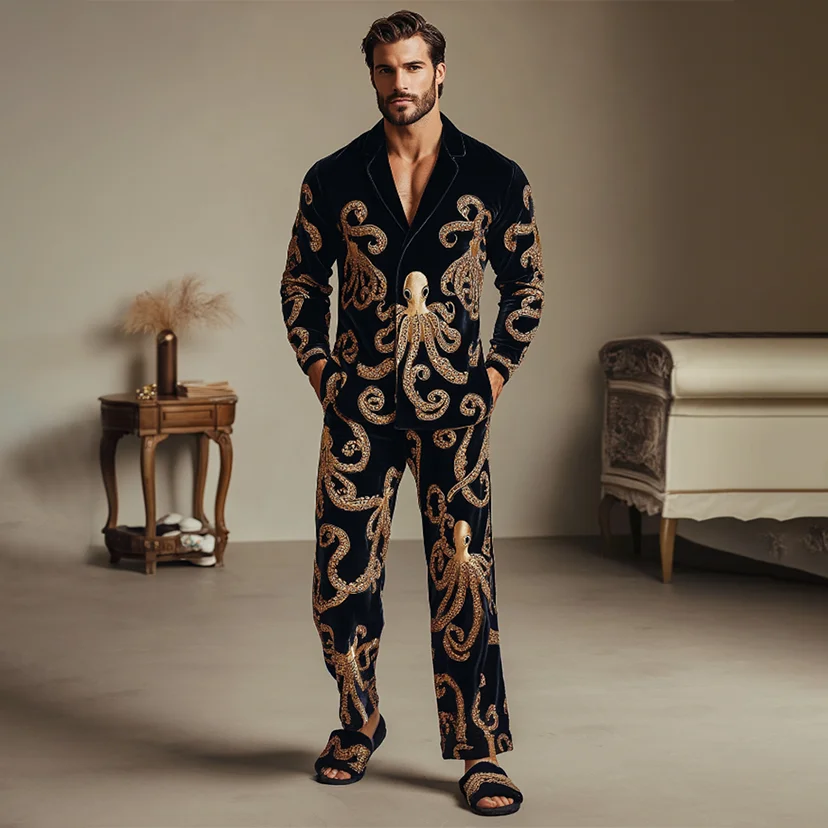 Men's Flannel Baroque Octopus Print Pajamas Set-inspireuse