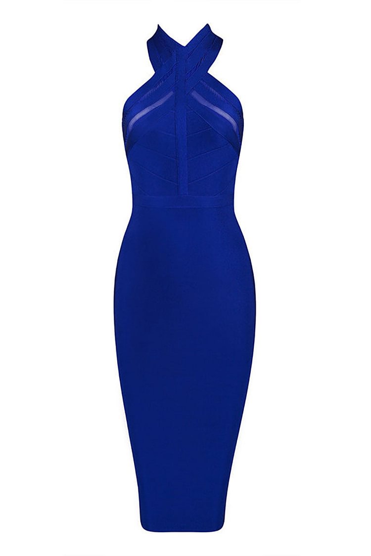 Royal Blue Halter Knee Length Bandage Club Dress - Shop Trendy Women's Clothing | LoverChic