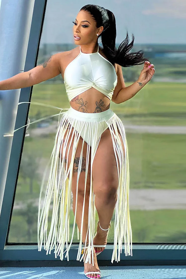 Halter Sleeveless Ruched Twisted Crop Top Fringed Vacation White Maxi Skirt Matching Set