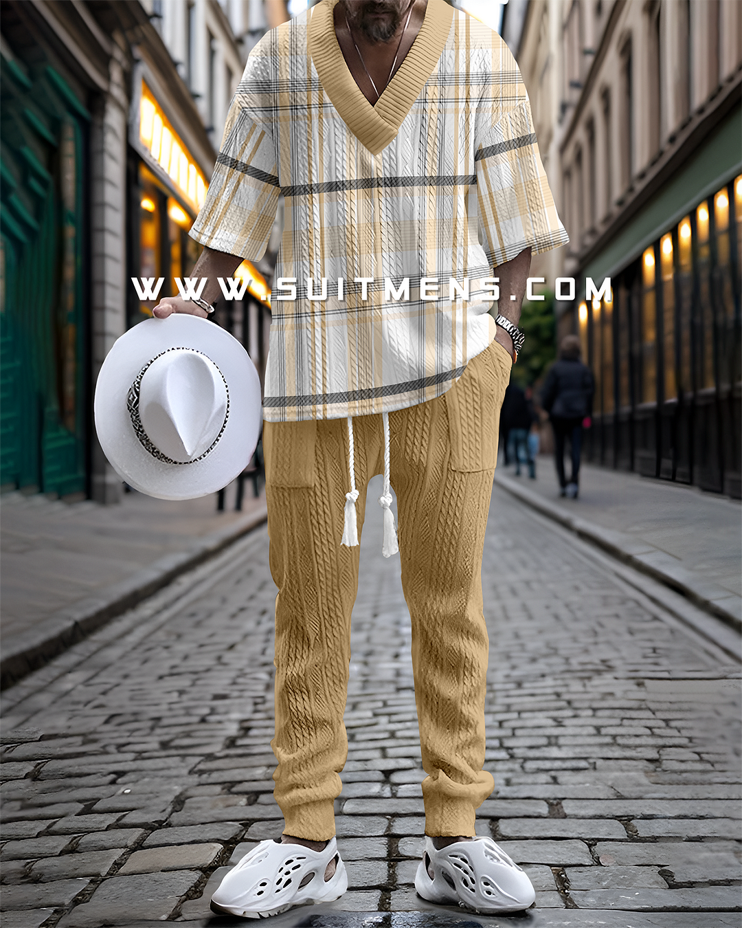 Men's V-Neck Luxurious Colorblock Textured Print Trouser Set 026