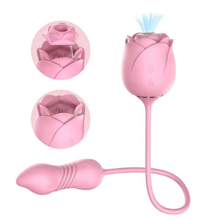 3-in-1 Double Headed Sucking Tapping Rose Toy With Telescopic Vibrating Bullet - Rose Toy