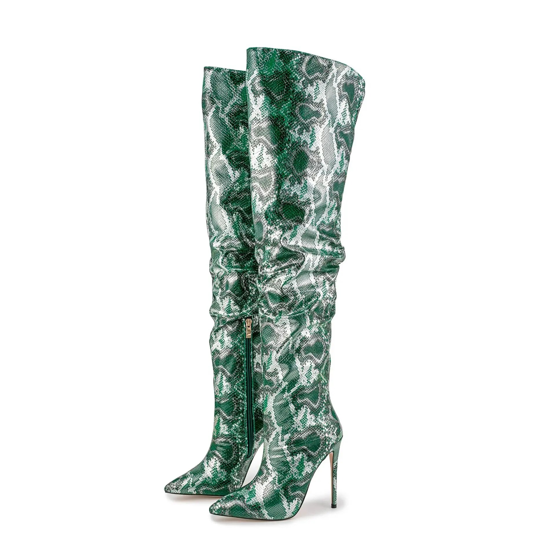 VCSHOES Yellow Green Snakeskin Over The Knee Boots Women High Heel Long Boots Pointed Toe Python Leather Thigh High Boots 44