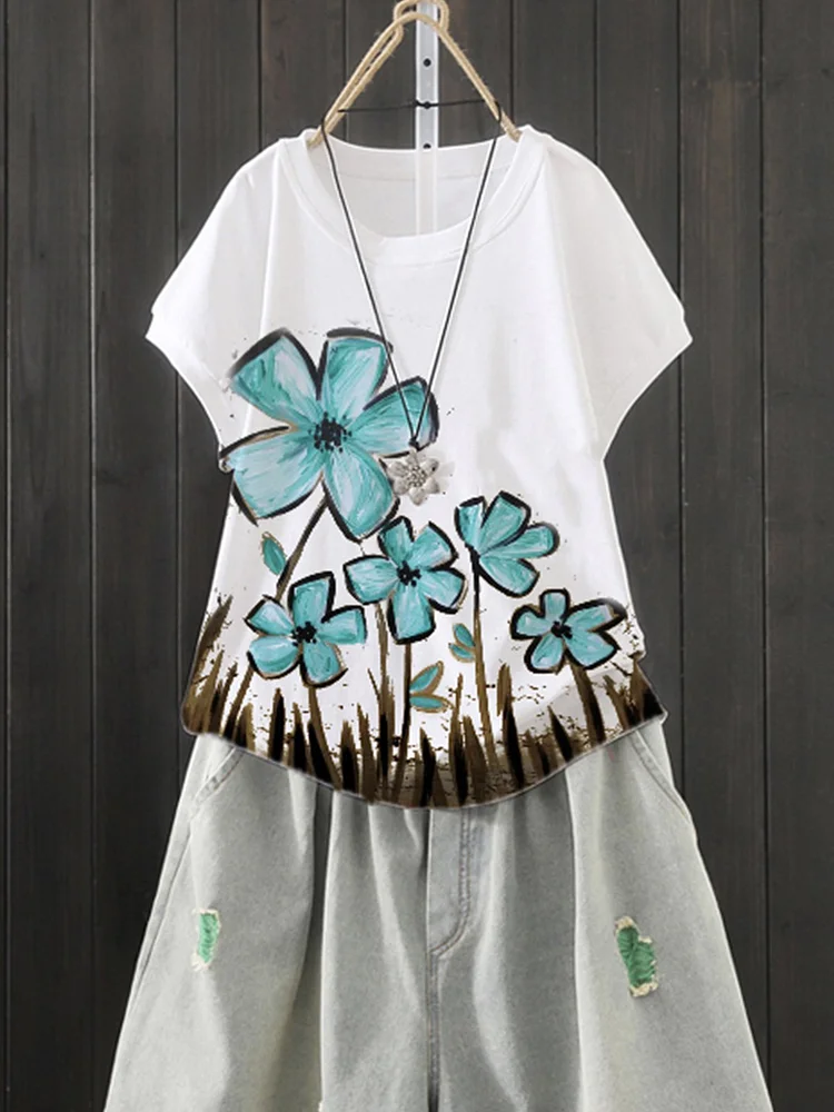 Bestdealfriday White Floral Short Sleeve Cotton Blend Shirts Tops 9037642