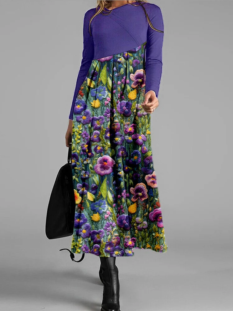 VChics Violet Wildflower Embroidery Art Cozy Pleated Midi Dress