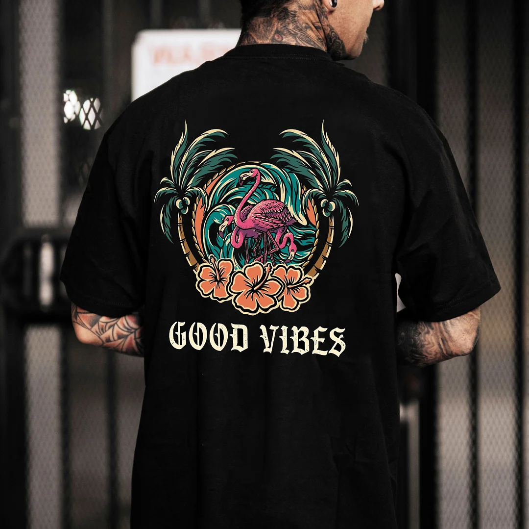 GOOD VIBES Tropical and Coastal Style Black Print T-shirt