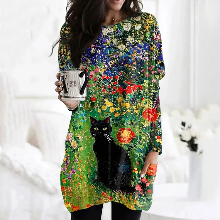 Garden Cat Print Casual Long Sleeve Tunic