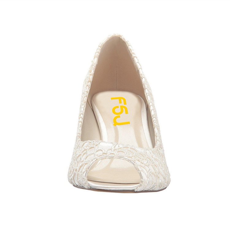 Lace Ivory Wedding Shoes Peep Toe Kitten Heels Bridal Shoes |FSJ Shoes