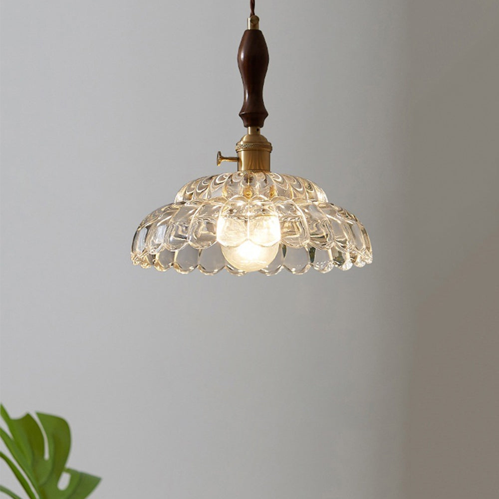 Modern Wooden Handle Copper Glass Pendant Light
