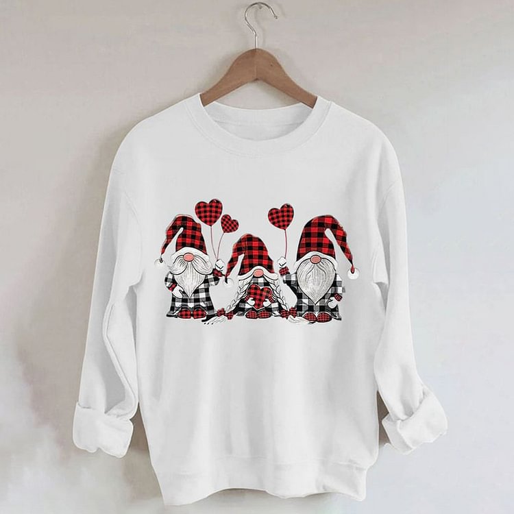 Comstylish Valentine Heart Gnome Plaid Print Sweatshirt