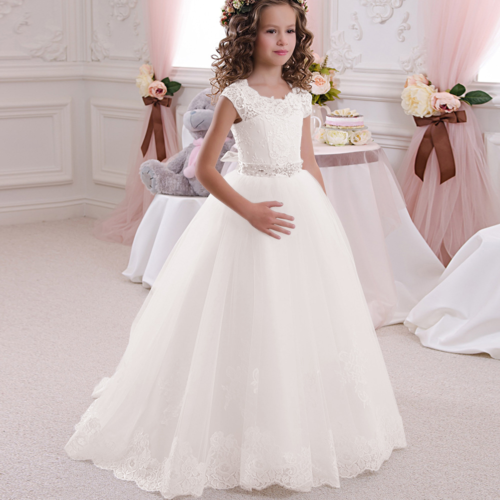 Dresseswow Cap Sleeves Lace Flower Girl Dress Tulle With Belt