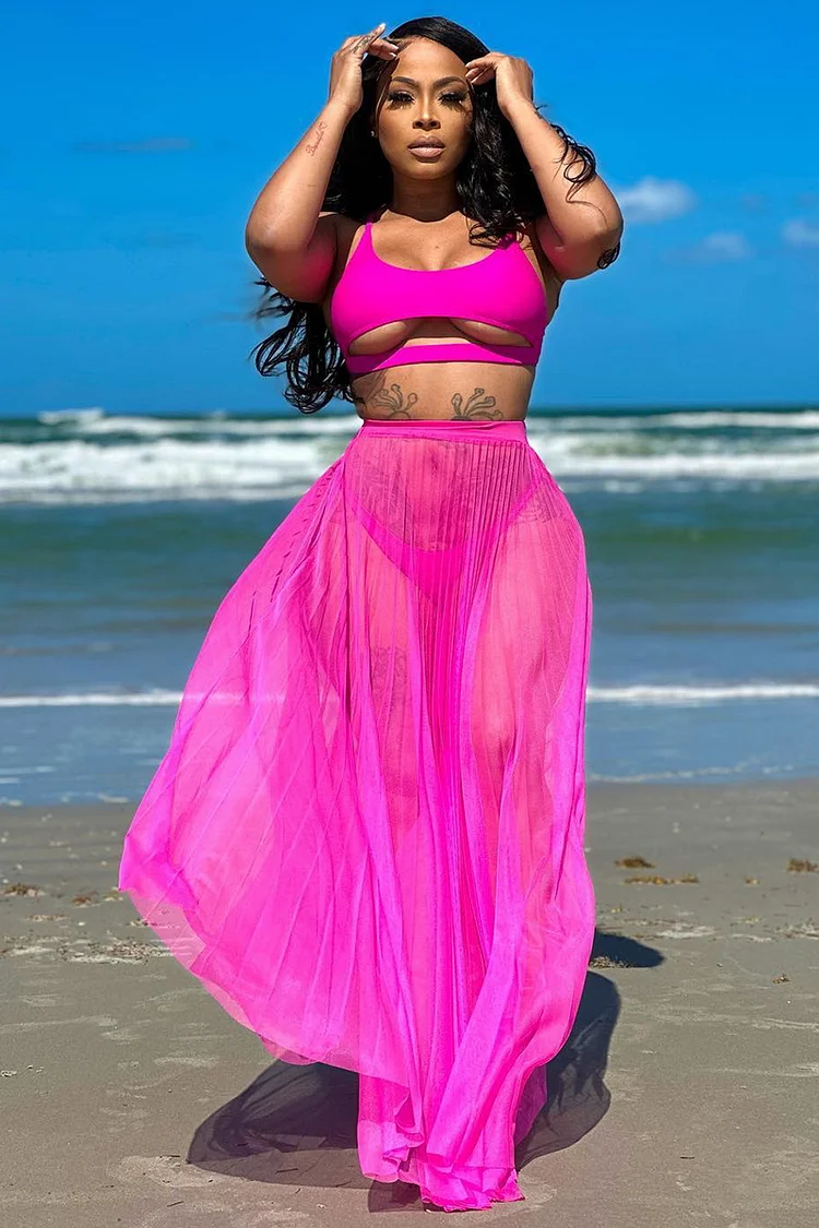 Cutout Crop Top Sheer Maxi Skirt Cover Ups Three Piece Bikini Set