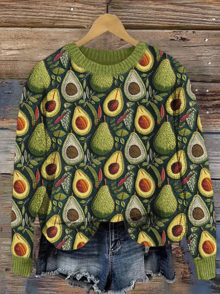 VChics Avocado Embroidery Pattern Cozy Knit Sweater