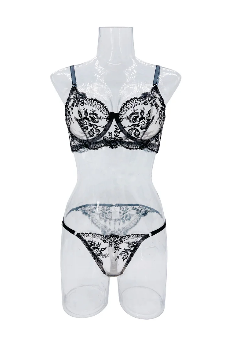 SCACTO Flower Embroidered Transparent Mesh Sexy Lingerie Set