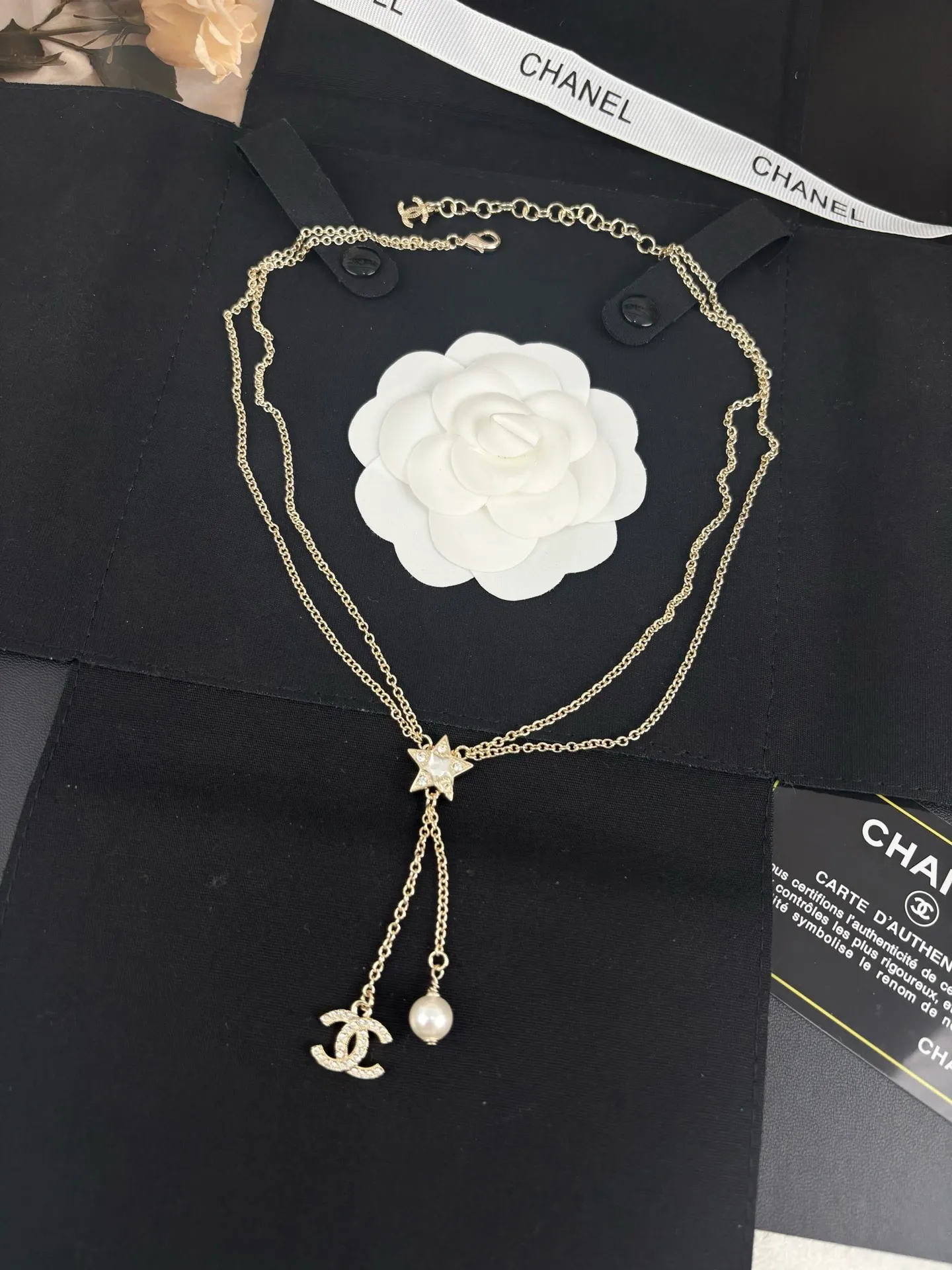 Two Layers Chanel Star with CC and Pearl Tassel Necklace