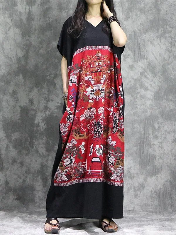 National Printed Black&Red Ramie Cotton Long Dress