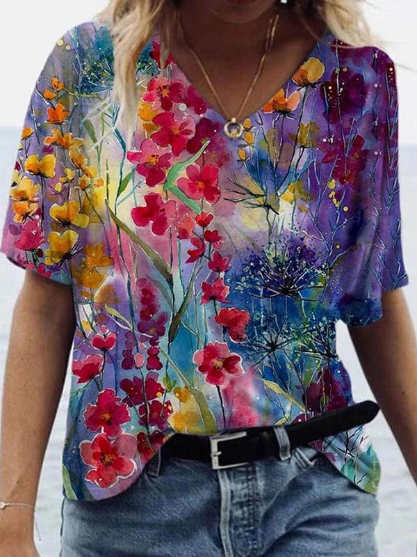Vefave Art Flower Printed T-Shirt