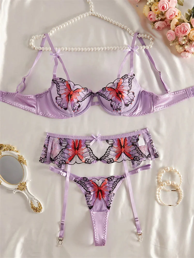Churchf Purple Butterfly Embroidery Lingerie Set