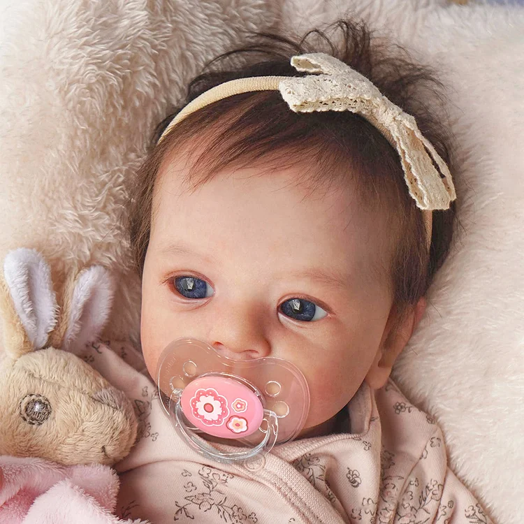 18" Realistic and Cute Reborn Baby Girl Opened Her Eyes with Bright Eyes Brown Hair and Posable Silicone Vinyl Body Named Claire