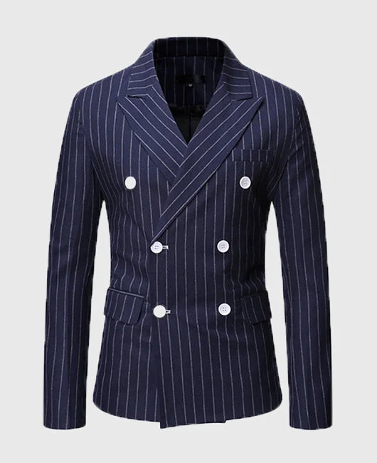 Business Striped Print Lapel Collar Double Breasted Blazer
